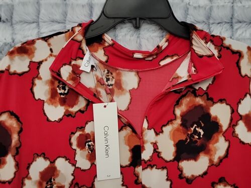 Calvin Klein Red Floral Sleeveless Blouse Women's Medium Back 1/4 Zip Top - Picture 3 of 3