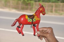 Vintage Wind Up Red Jumping/Running Horse Litho Tin Toy