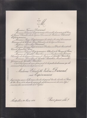 1891 Sterbeurkunde Frau Elisabeth-Valérie DURAND geboren ESPÉRONNIER - Montpellier