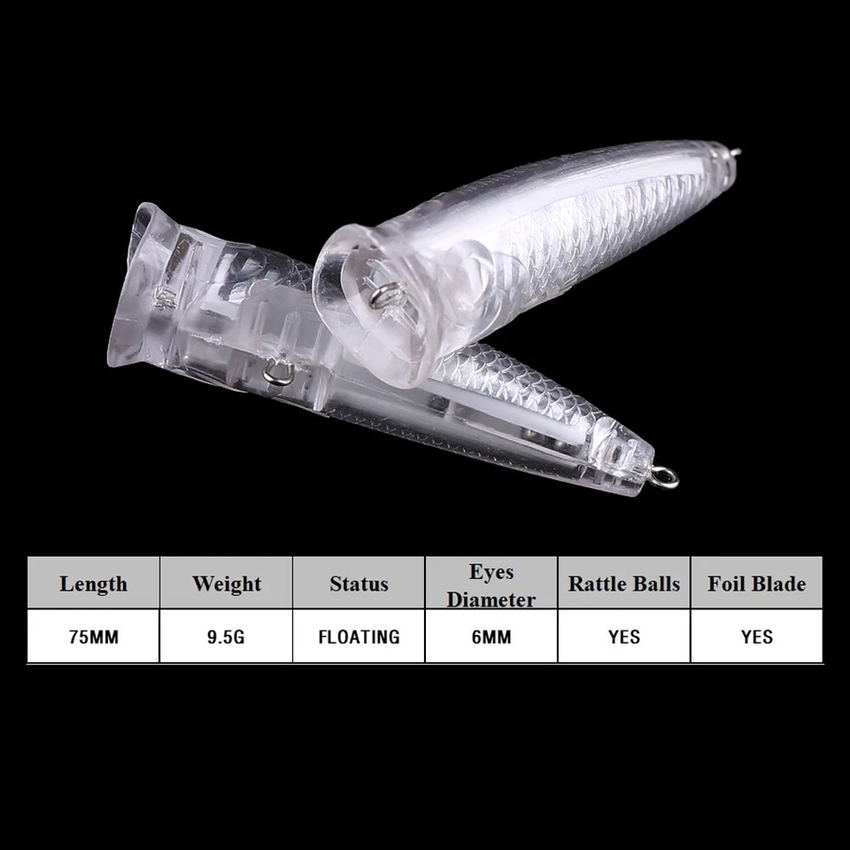 Modelo de señuelo de pesca en blanco cebo holográfico Topwater sin pintar 20 piezas 7,5 cm 9,5 g Foto 2 de 4