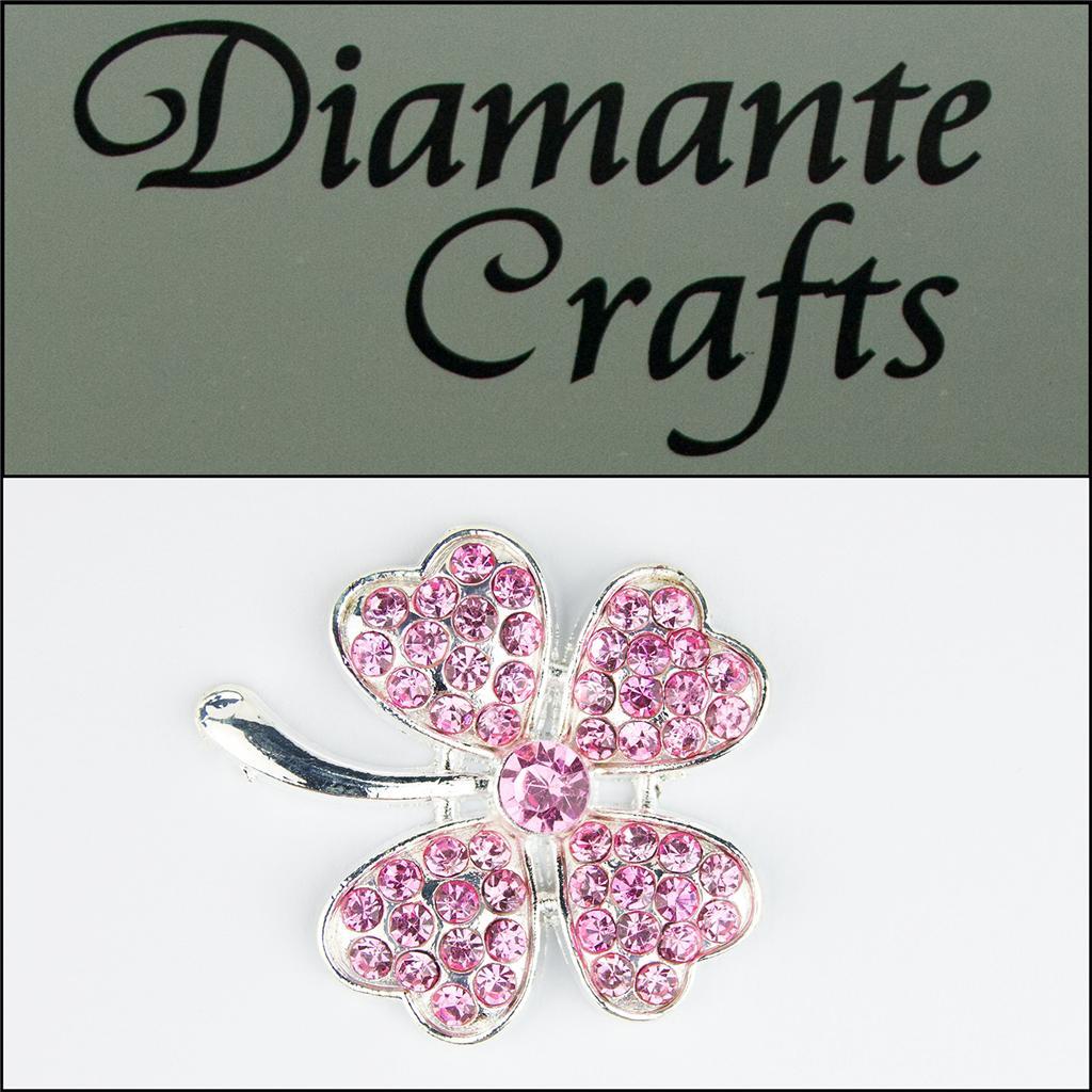 3D Four Leaf Clover Silver Alloy Encrusted in Pink Diamantes Cabochon 2013FLW