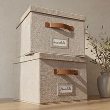 Decorative File Organizer Box Set of 2 - Collapsible Linen Filing Cabinets with