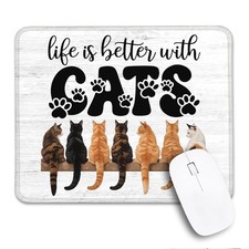 Life is Better with Cats Non-Slip Mouse Pad with Stitched Edge, Funny Cats Mo...