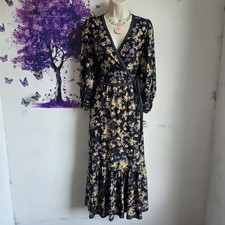 Max Studio Black Gold Floral Wrap Maxi Dress Long Sleeve Tiered Boho Medium NEW