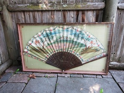 Huge framed 1800's store display folding hand fan painted paper poss. American