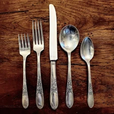 Rare 1 Place Setting Rogers Burgundy Champagne Silver 5 Piece ART DECO 1934