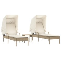 Sonnenliegen 2 Stk. Mit Dach Und Tisch Beige Poly Rattan