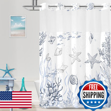 TWLSNCD No Hook Shower Curtain with Snap in Liner, Beach Ocean Nautical Coastal
