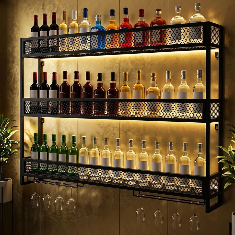Weinregal Wandmontage 3-stöckig Metall Schwarz 100×15×90 cm für Küche Bar - Bild 1 von 4