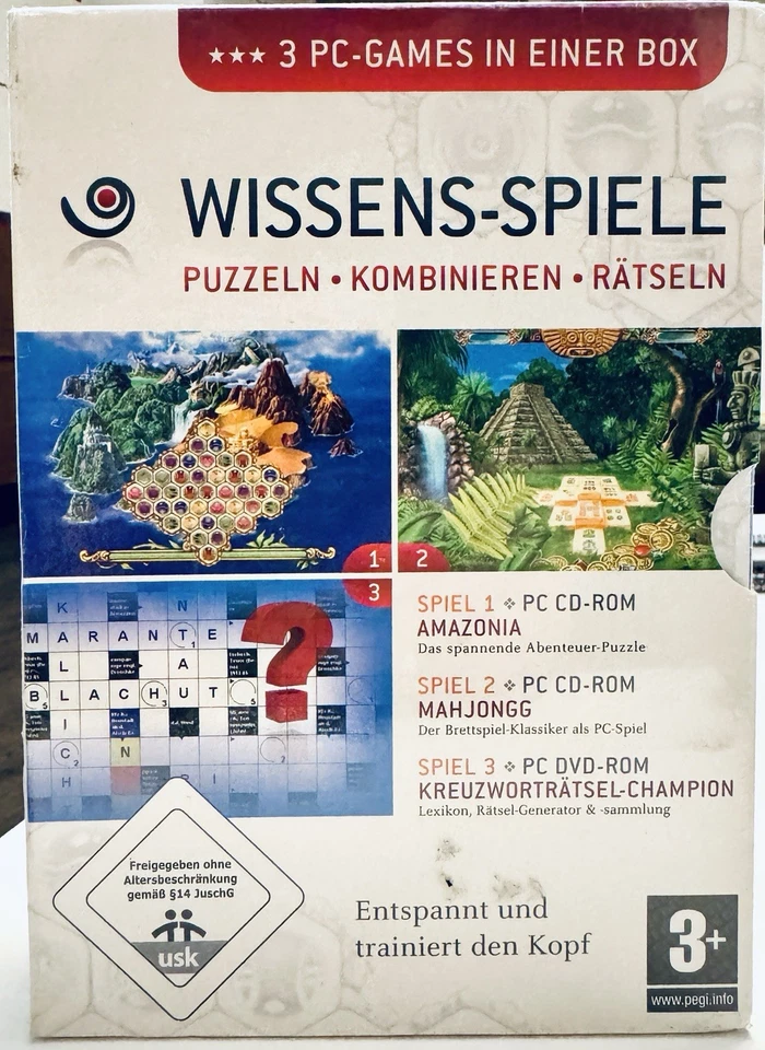 TCM CD ROM Wissens-Spiele 3 PC-Games Amazonia Mahjongg Kreuzworträtsel *NEU