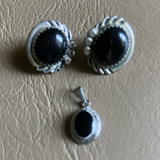 925 Sterling Silver Black Oval Onyx Jewelry Set Earrings & Pendant