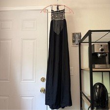 CHRISTY DAWN black cotton halter neck backless floral embroidered midi dress