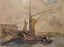 Firmato "Unif v Amstel" - Scena del porto con barca a vela - Olio su tavola