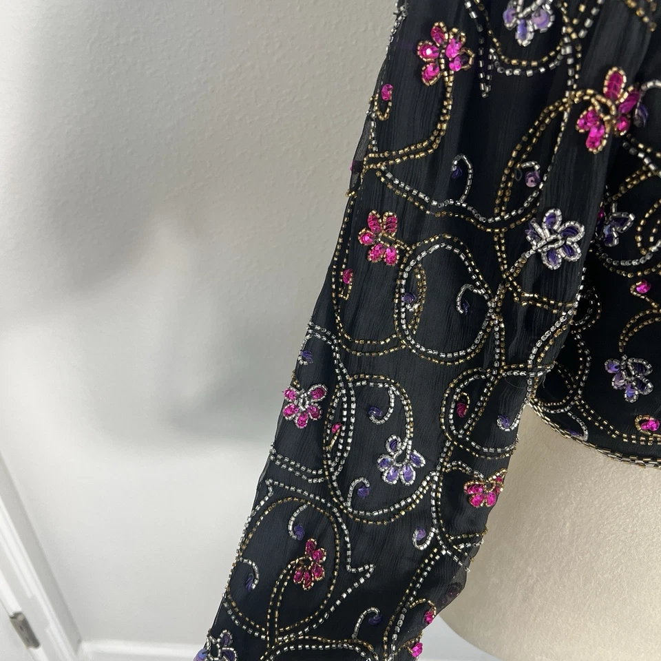 Chaqueta Formal Scala Vintage Años 80 Lentejuelas Cuentas 100% Seda Rosa Púrpura Floral Grande Foto 4 de 4