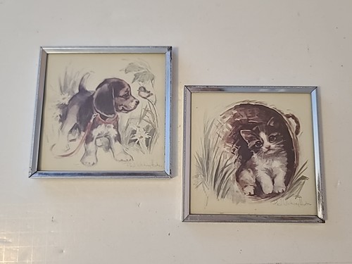 Vintage 80s 90s Cat & Dog Framed Wall Art 5x5 Set