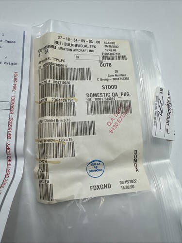 (2) Rolls Royce Nut AN924-12D Bulkhead 1”-12 Thread Aluminum W/Certs - Picture 7 of 8
