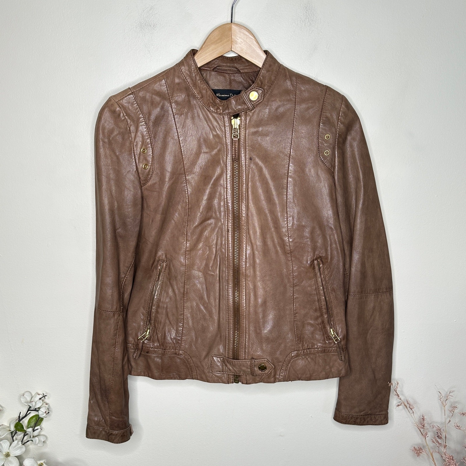MASSIMO DUTTI 100% Leather Sheepskin Moto Bomber Jacket Cognac Brown Sz M $690 thumbnail 3