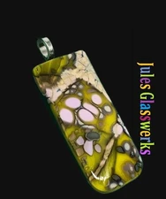 Hand Crafted  Raku Fused Glass Pendant Necklace W/ Chain #1182