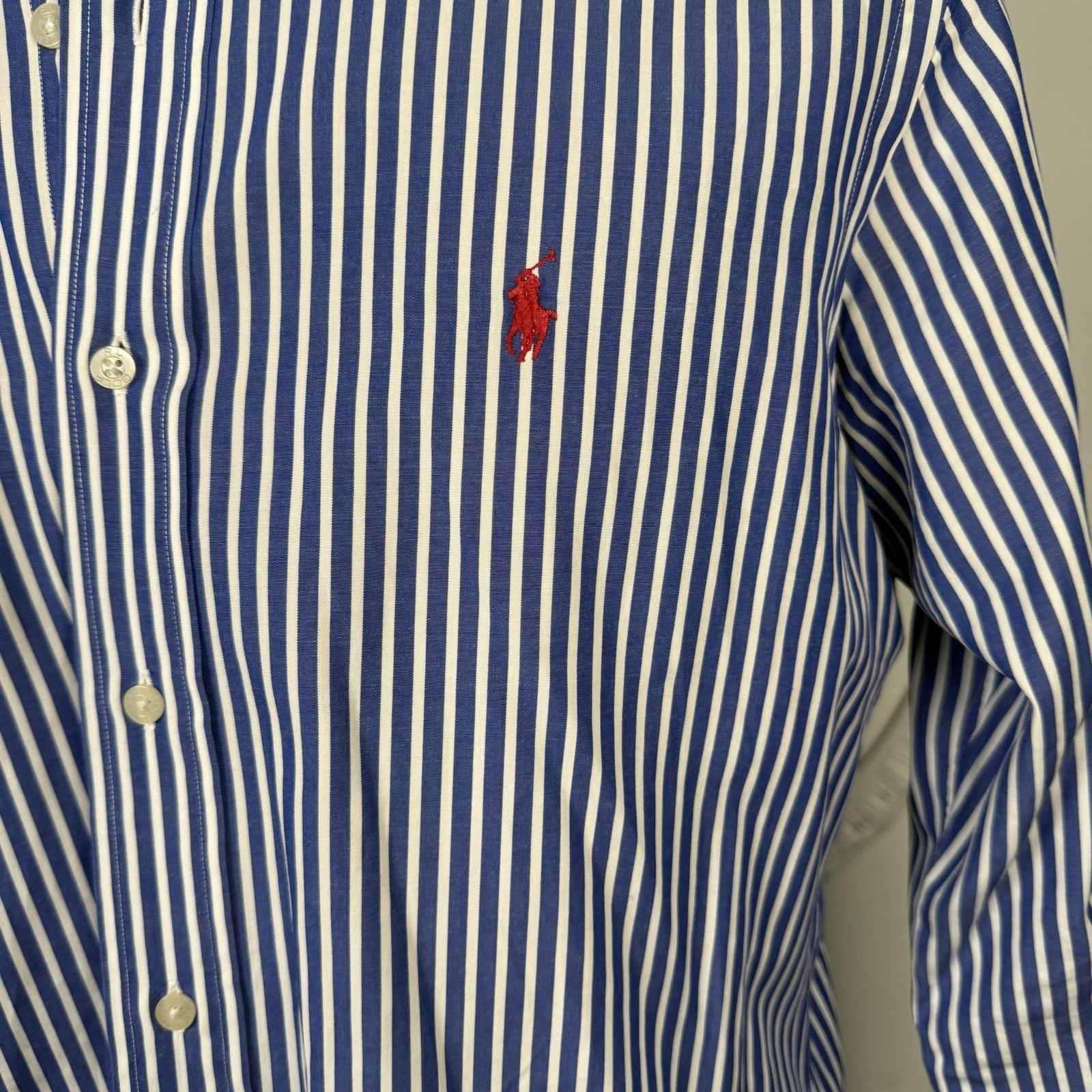 Camicia Ralph Lauren Golf con bottoni uomo blu a righe LS vestibilità personalizzata rosso pony med