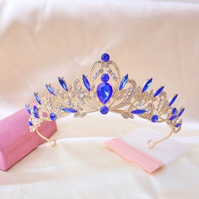 Gold & Royal Blue Crystal Crown Tiara for Women Wedding Birthday Queen Headpiece