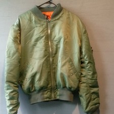 Men's Green Bomber Flight Jacket L Orange Lining Full Zip Pockets Military