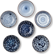 Ceramic Dipping Bowls Set of 6, Vintage Blue 3oz Mini Appetizer Plates
