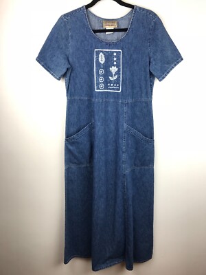 Vintage Studio Ease Denim Smock Dress Short Sleeve Full Length Modest Sz 8  | eBay