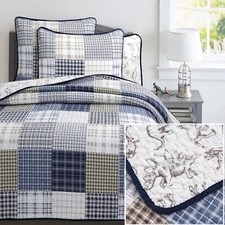 KIDS JURASSIC DINO 2pc Twin QUILT SET : COTTON BLUE WHITE PLAID REX DINOSAUR