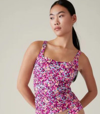Athleta Square Neck Bra Cup Tankini Suit Top Pink Floral Women's Size 34B/C NWT