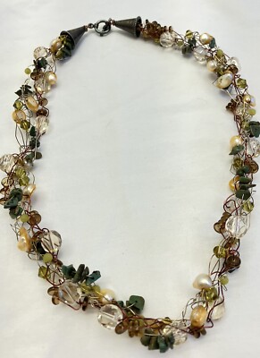 Vintage Gemstone , Pearls And Glass Bead Necklace 20 Inch Handmade Studio Artist
