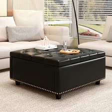 Square Storage Bench Footstool Coffee Table with 2 Storage Doors for living Room