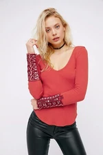 New! FREE PEOPLE ~Size XS~ Art School Cuff Waffle Knit Thermal Top Blouse Red