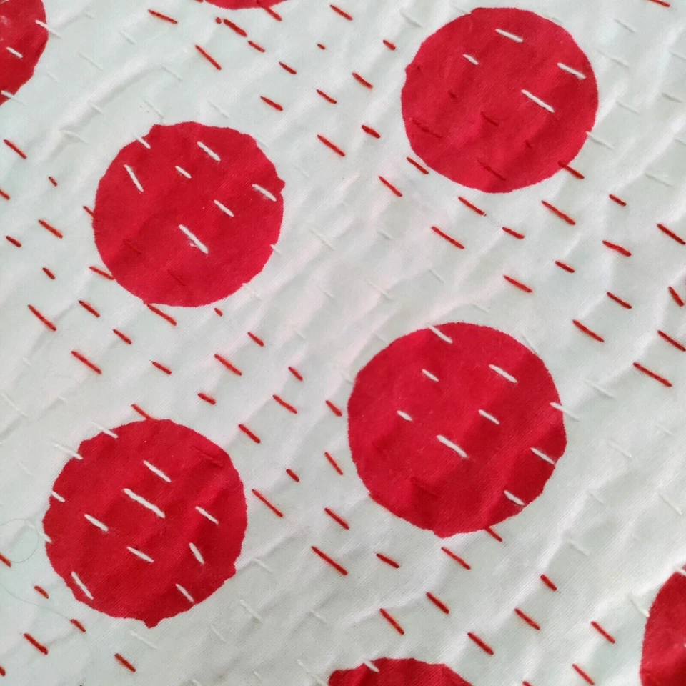 Indian Vintage Coverlet Bedspread Queen Size Kantha Quilt Polka Dot Print Gudari - Image 3 of 4