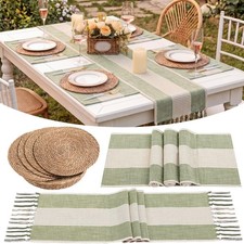 Gandeer 4 Sets Round Woven Boho Placemats, Long Sage Green Table Runner, Cott...