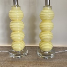 Pair Yellow Ribbed Glass Table Lamps Stacked Sphere Retro 70s Style