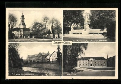 AK Jever /Oldbg., Schloß, Terrasse mit Gymnasium, Frl. Maria von Jever-Denkmal  