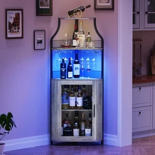 Corner Bar Cabinet with LED Strip and Glass Holder, Industrial Wine Cabinet with