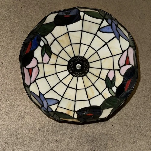 Vtg., Tiffany-Style, Stained Glass Floral & Bird Motif Lamp Shade, App., 12" x 7