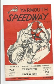 YARMOUTH v NORWICH 1951 SPEEDWAY PROGRAMME 17th APRIL 1951