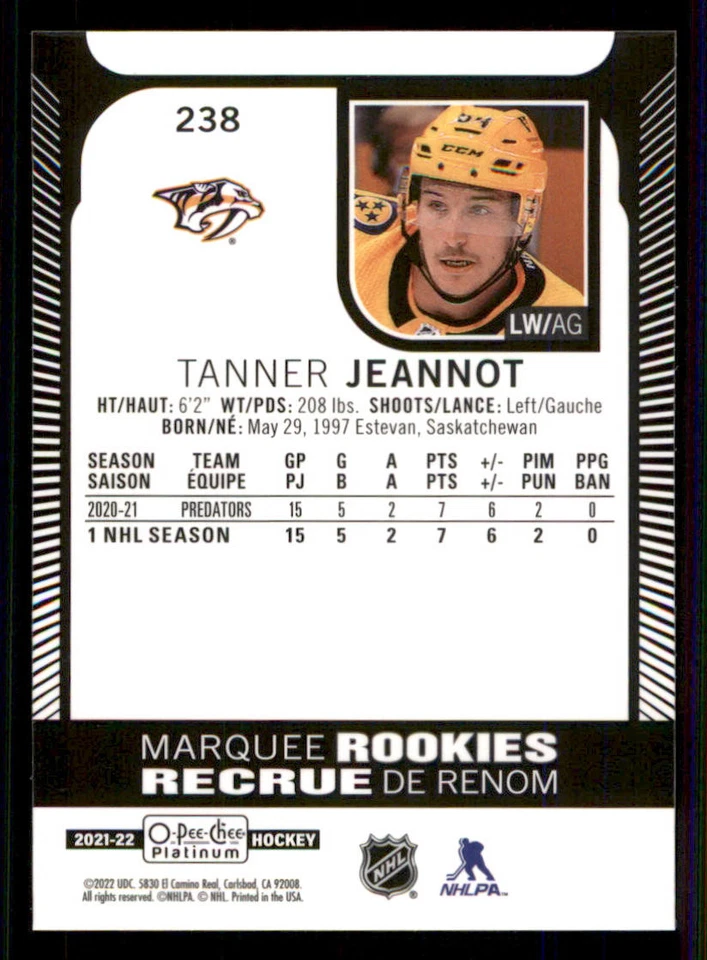 2021-22 O-Pee-Chee Platinum #238 Tanner Jeannot RC - Image 2 of 2