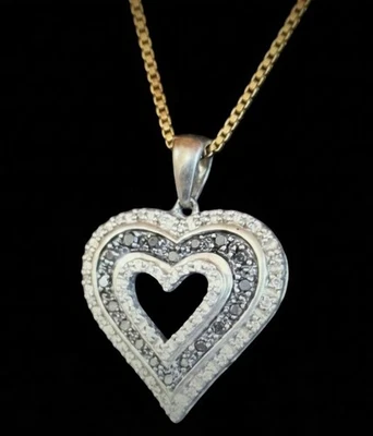 925 Sterling Silver Black Diamond Heart Pendant Necklace 18" Italy Box Chain - Image 1 of 4