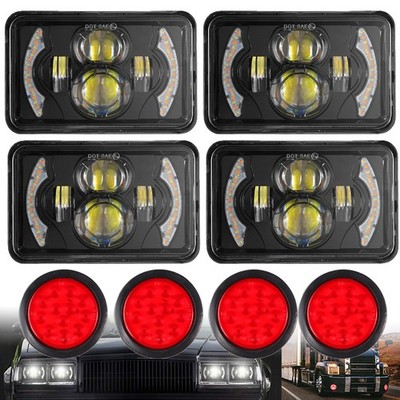 4x6''LED Headlights DRL Hi-Lo Combo w/ 4'' LED Tail Lights For Kenworth Peterbilt