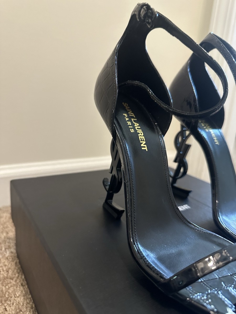 YSL OPYUM SANDALS IN CROCODILE-EMBOSSED LEATHER BLACKYves Saint