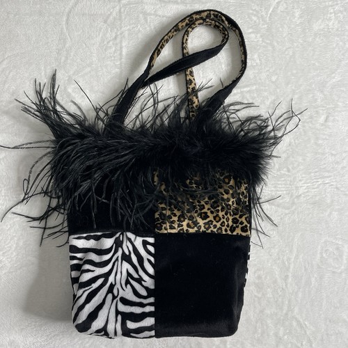 Vintage 90s Y2K Leopard Faux Fabric Purse Bag Ostrich Feathers