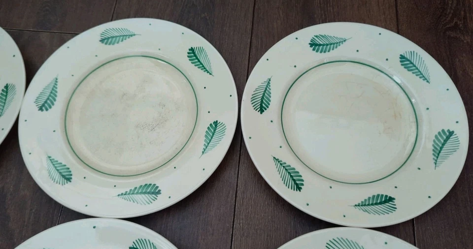 Set of 6x Vintage 1930s Art Deco Susie Cooper 10" Dinner Plates Green Leaf/Spot - Image 3 of 4