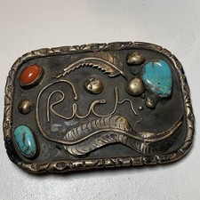 Vintage Turquoise Coral Sterling Silver Navajo Belt Buckle