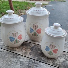 Vintage Tienshan Heartwarming Stoneware Jars Kitchen Canisters Hearts Grandma
