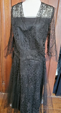 LOVELY ANTIQUE 1920s HANDMADE BLACK LACE MOURNING DRESS W/ SKIRT PANELS