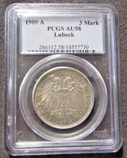 1909A Germany Lubeck State 3 Mark PCGS AU58 KM 215