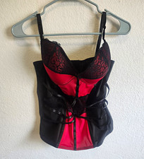 Black/Red Lace Bustier Corset Top Underwire Demi Boned Hook Eye Back L D